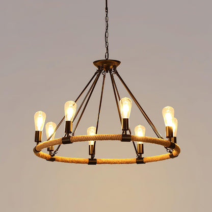 Hemp Rope Industrial Large Circle Crown Chandelier