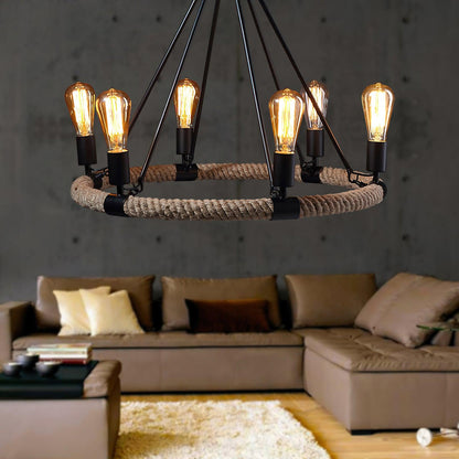 Hemp Rope Industrial Large Circle Crown Chandelier