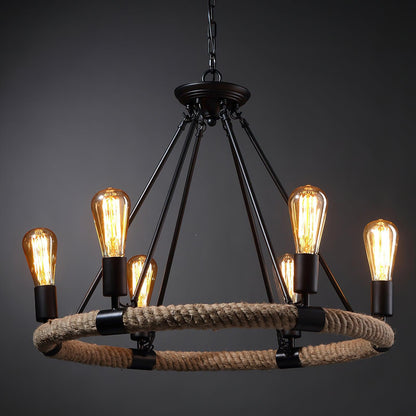 Hemp Rope Industrial Large Circle Crown Chandelier