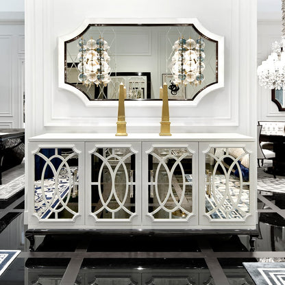 High End Italian White Fretwork Mirrored Sideboard