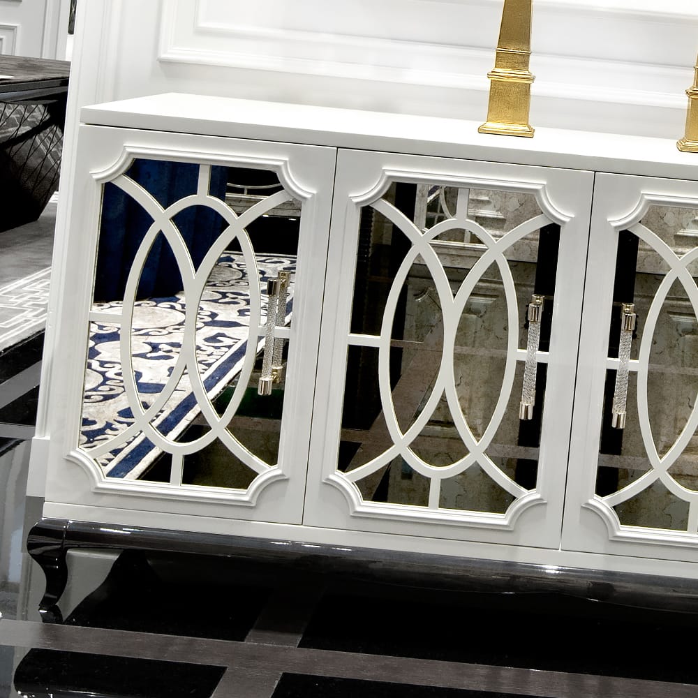 High End Italian White Fretwork Mirrored Sideboard