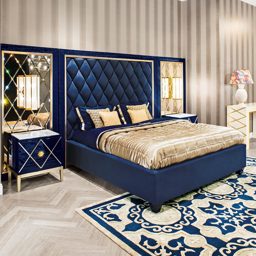 High End Modern Blue Velvet Ottoman Storage Bed