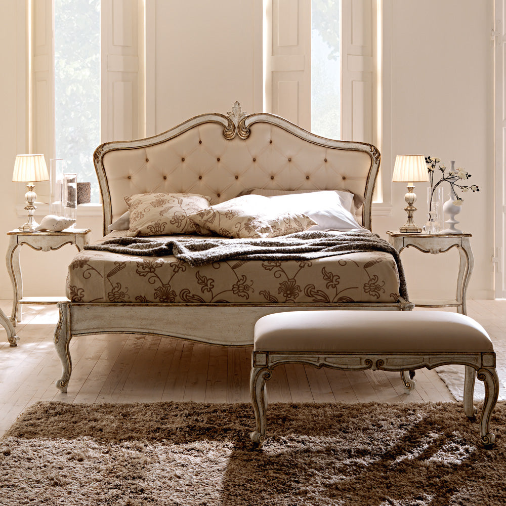 Italian Antiqued Gold Silk Button Upholstered Bed