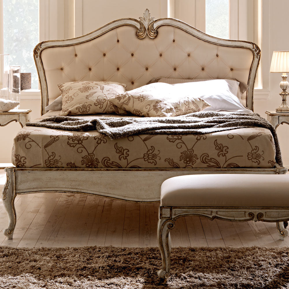 Italian Antiqued Gold Silk Button Upholstered Bed