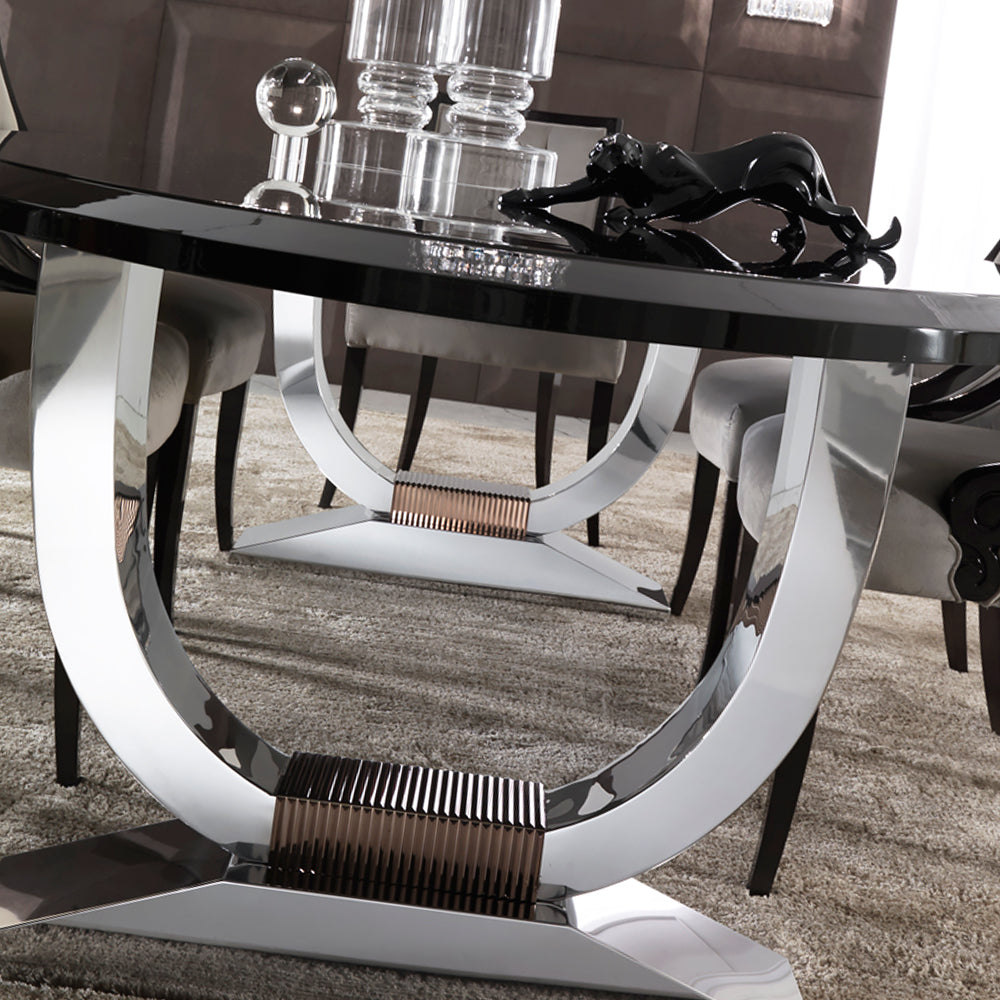 Italian Black Lacquered Chrome Oval Dining Set