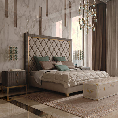 Italian Designer Art Deco Inspired Upholstered Bed with Tall Headboard