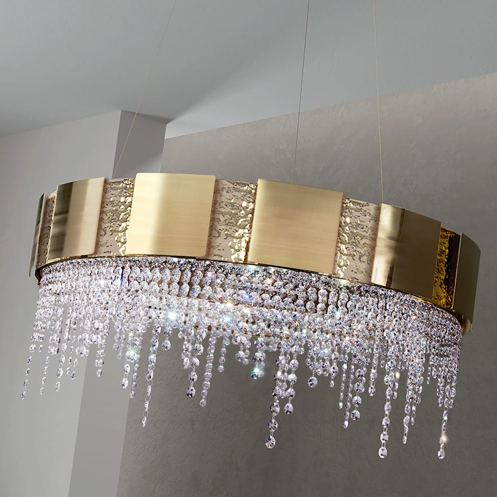 Designer Gold Plated Round Chandelier With Crystal Drops