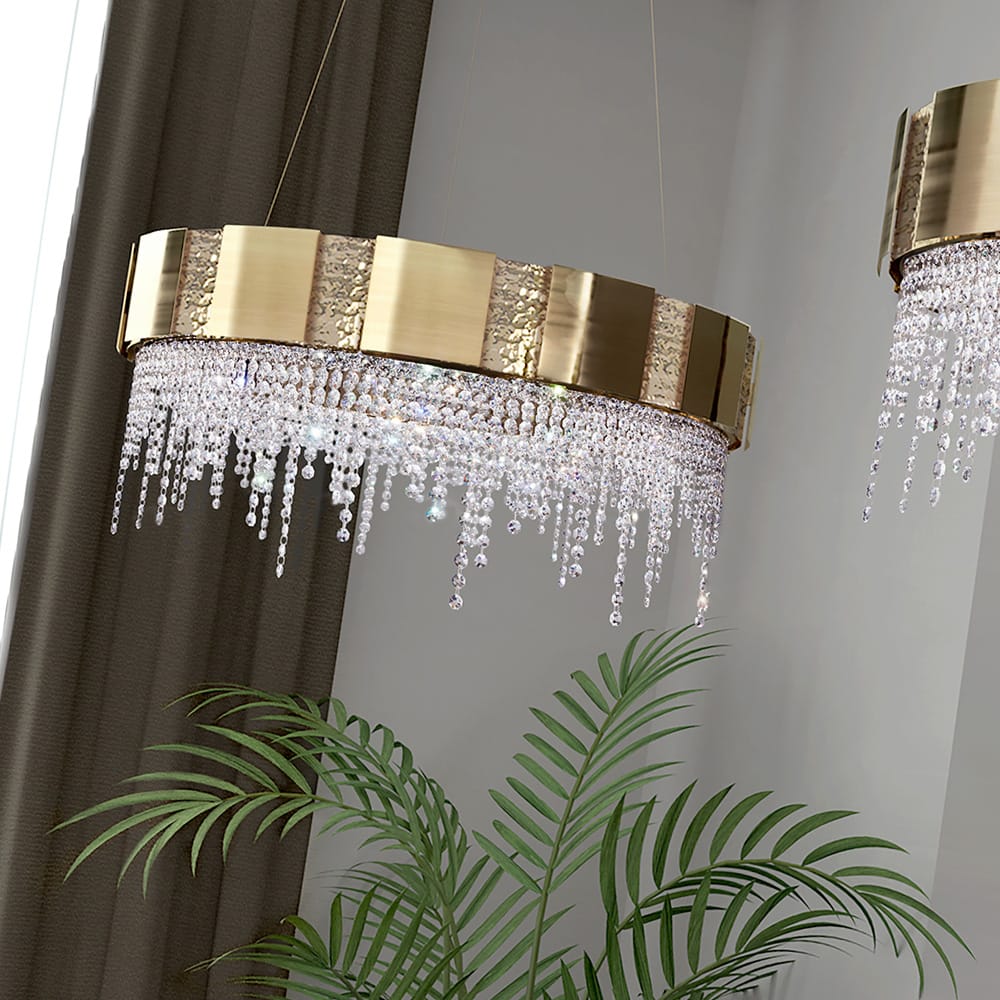 Designer Gold Plated Round Chandelier With Crystal Drops