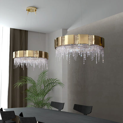 Designer Gold Plated Round Chandelier With Crystal Drops