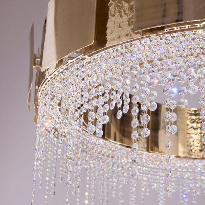 Designer Gold Plated Round Chandelier With Crystal Drops