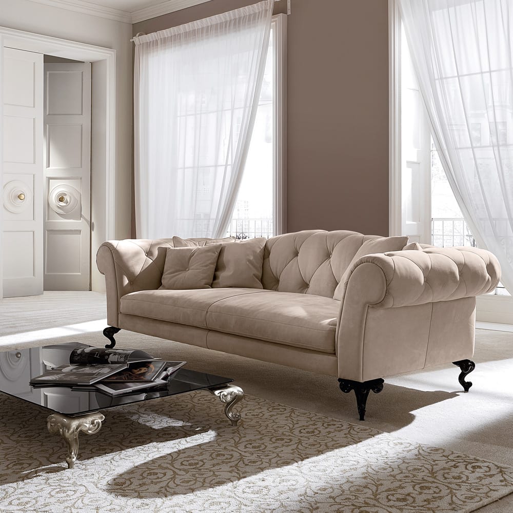 Italian Designer Nubuck Leather Button Upholstered Sofa