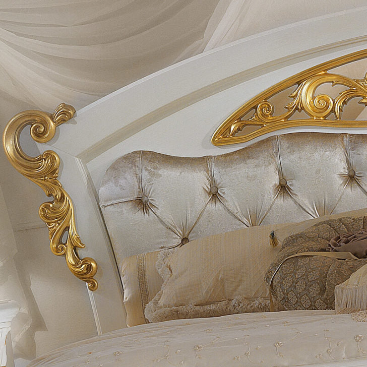 Italian Elaborately Carved Button Upholstered Bed