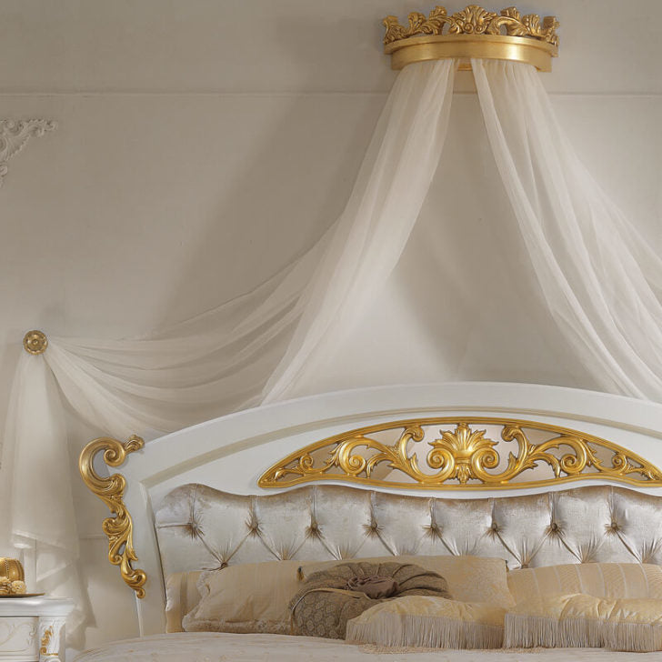 Italian Elaborately Carved Button Upholstered Bed