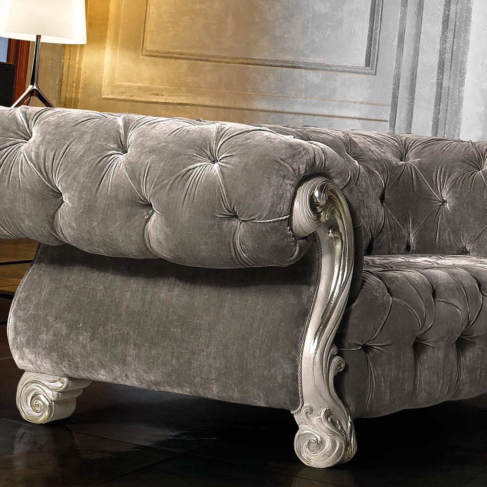 Italian Grey Velvet Button Upholstered Two Seater Sofa