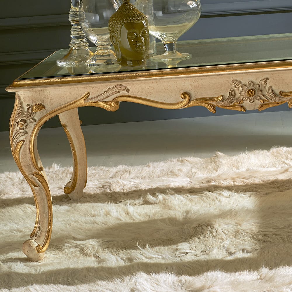 Italian Ivory And Gold Glass Coffee Table With Ornate Carvings