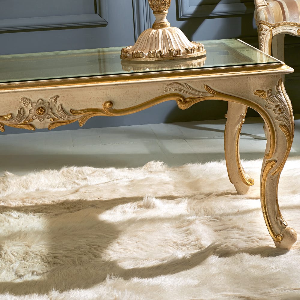 Italian Ivory And Gold Glass Coffee Table With Ornate Carvings