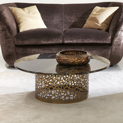 Italian Laser Cut Bronzed Metal Round Marble Coffee Table