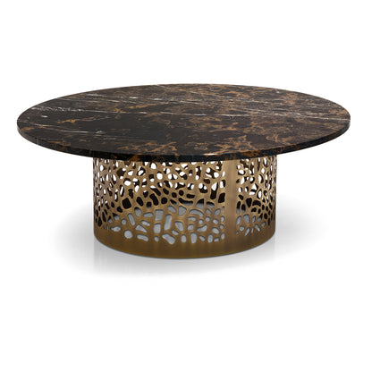 Italian Laser Cut Bronzed Metal Round Marble Coffee Table