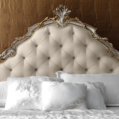 Italian Silver Leaf Rococo Button Upholstered Bed