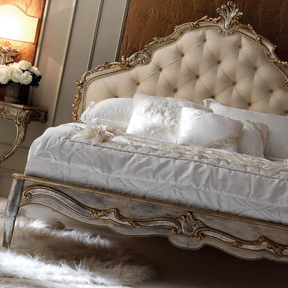 Italian Silver Leaf Rococo Button Upholstered Bed