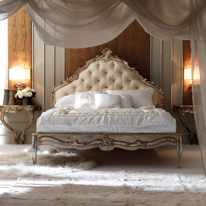 Italian Silver Leaf Rococo Button Upholstered Bed