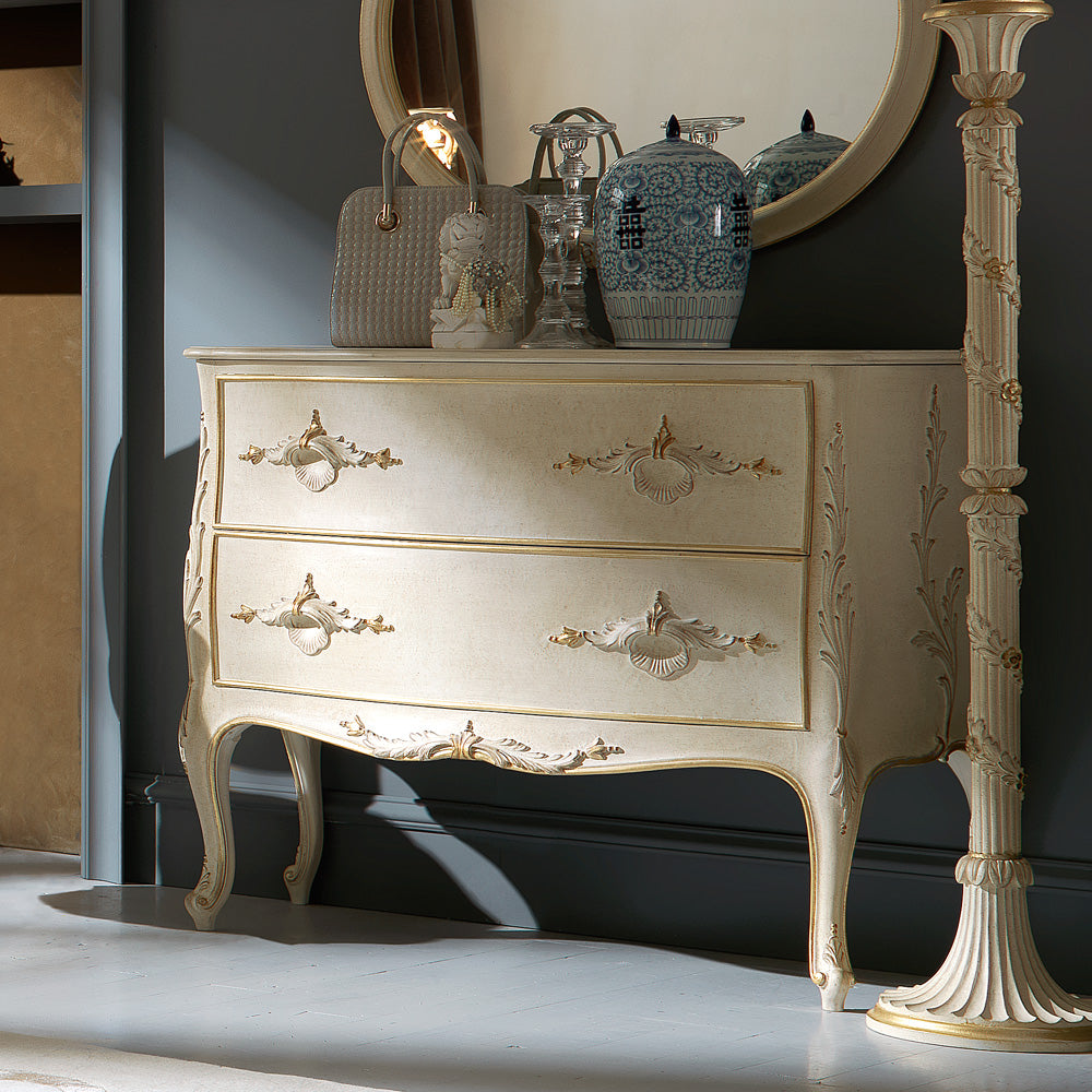 Italian Designer Ivory Chest of Drawers and Mirror Set