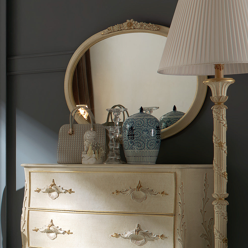 Italian Designer Ivory Chest of Drawers and Mirror Set