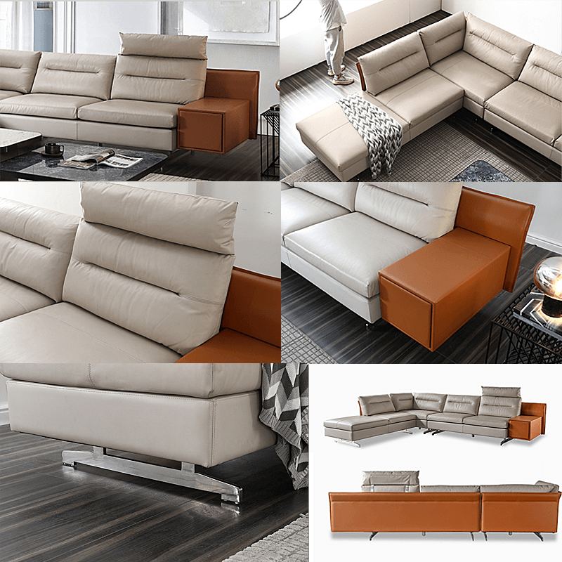 L-Shaped Italian Leather Sofa with Cabinet