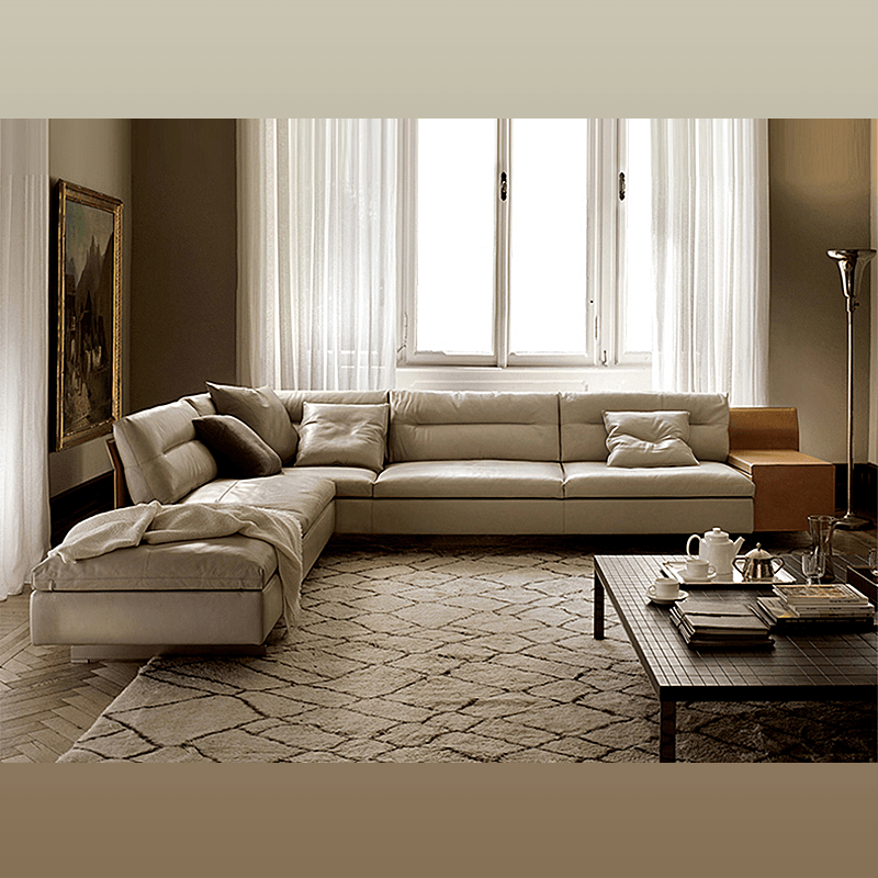 L-Shaped Italian Leather Sofa with Cabinet