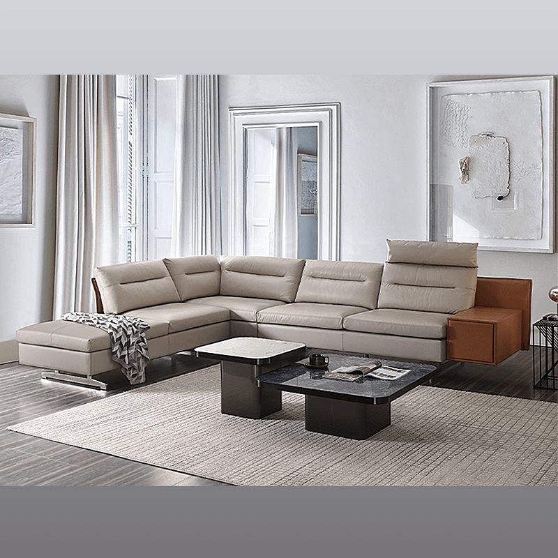 L-Shaped Italian Leather Sofa with Cabinet