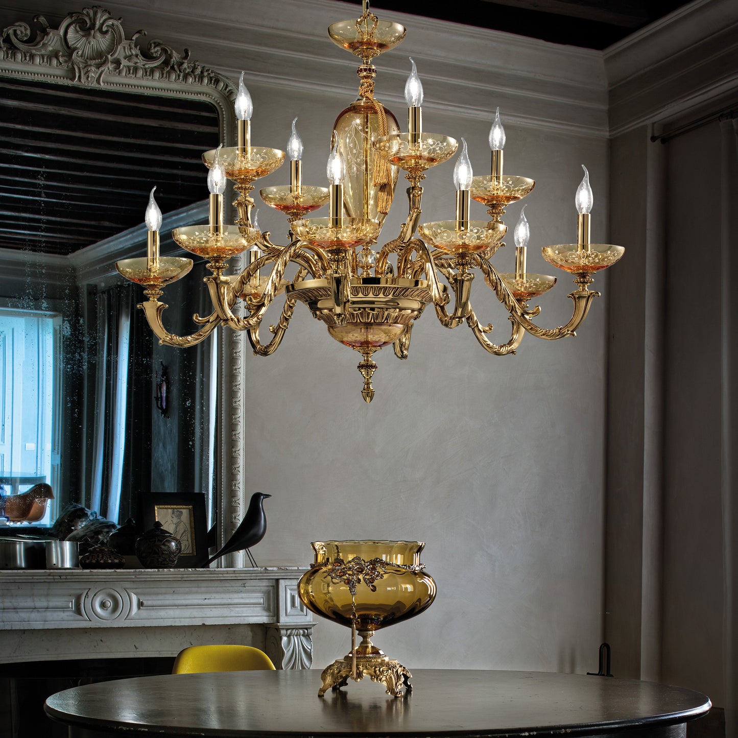 Large Hand Blown Amber Glass Chandelier