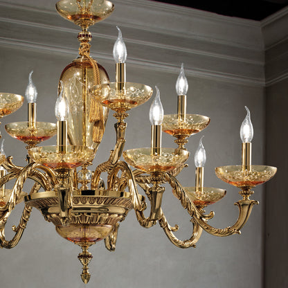 Large Hand Blown Amber Glass Chandelier