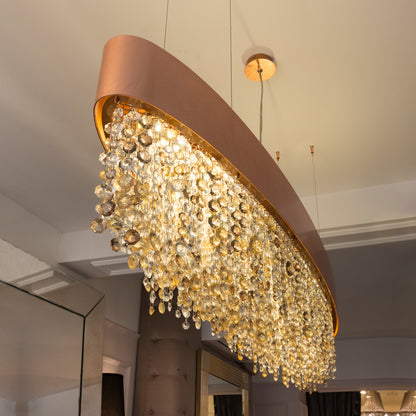 Long Oval Copper Leaf Contemporary Chandelier With Amber Tone Crystals