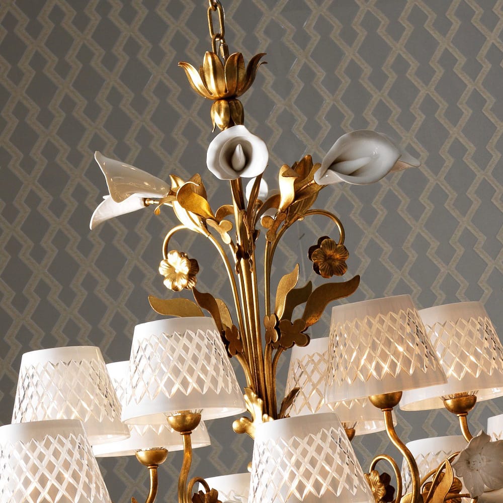 Luxury 18 Light Gold Leaf Italian Chandelier With Porcelain Flower Detail