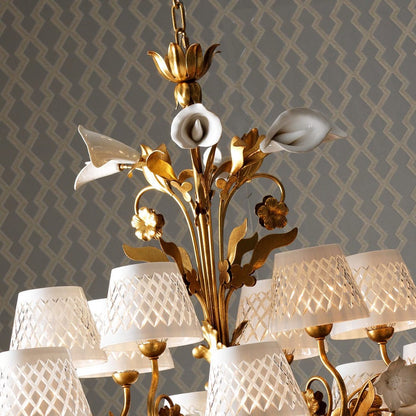 Luxury 18 Light Gold Leaf Italian Chandelier With Porcelain Flower Detail