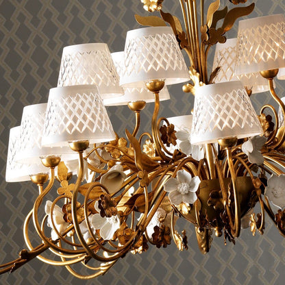 Luxury 18 Light Gold Leaf Italian Chandelier With Porcelain Flower Detail