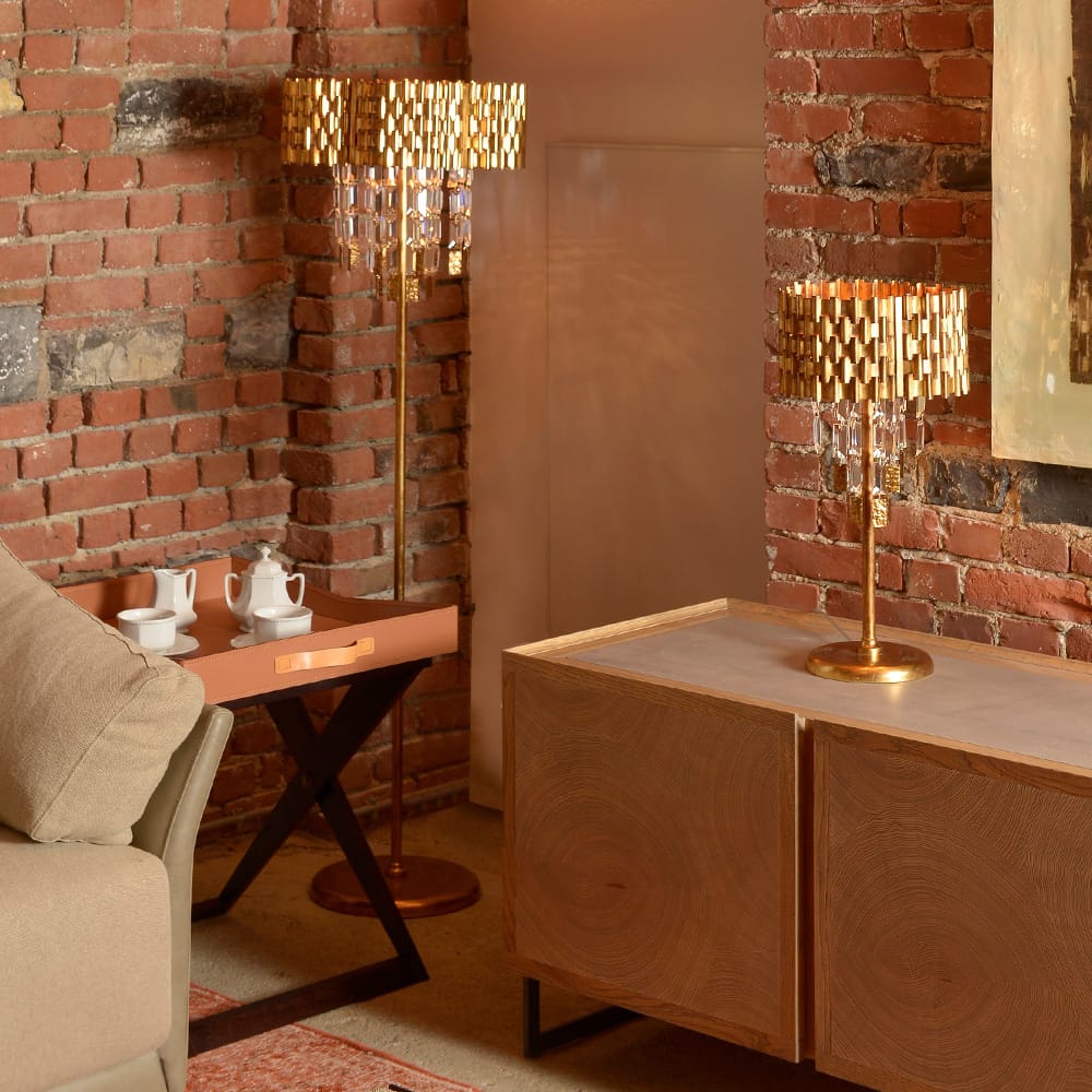 Luxury Braided Gold Leaf Italian Table Lamp With Crystal Pendants