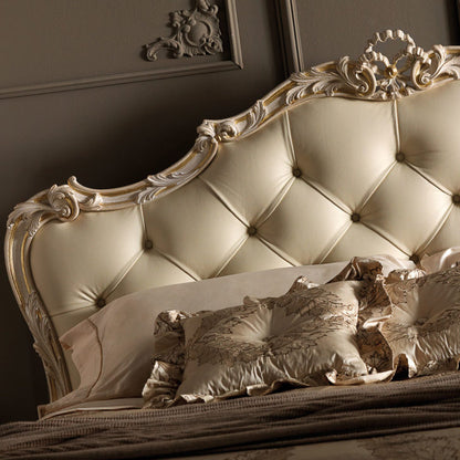 Luxury Carved Rococo Reproduction Leather Button Upholstered Bed