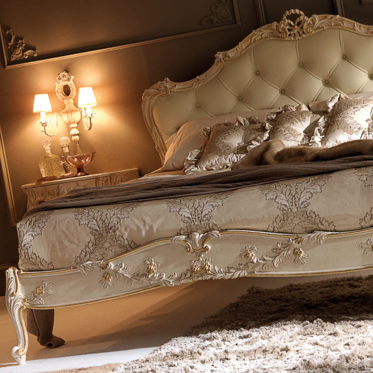 Luxury Carved Rococo Reproduction Leather Button Upholstered Bed