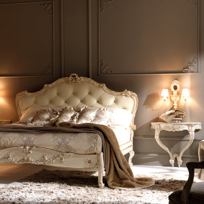 Luxury Carved Rococo Reproduction Leather Button Upholstered Bed