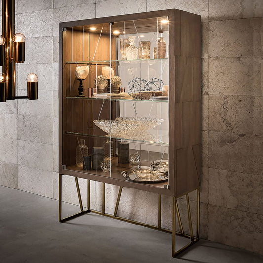 High End Contemporary Oak Brass Display Cabinet