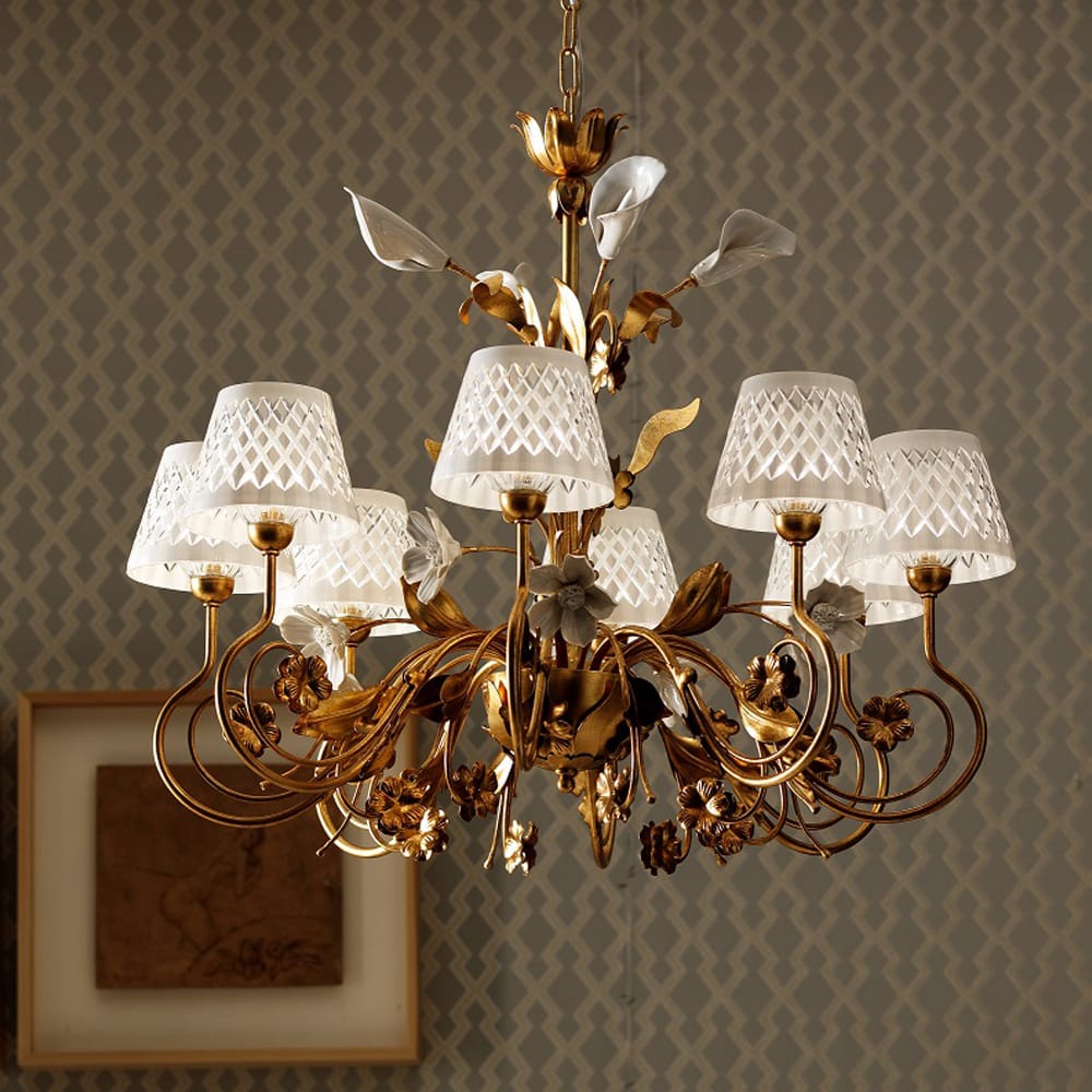 Luxury Gold Leaf Italian Chandelier With Porcelain Flower Detail