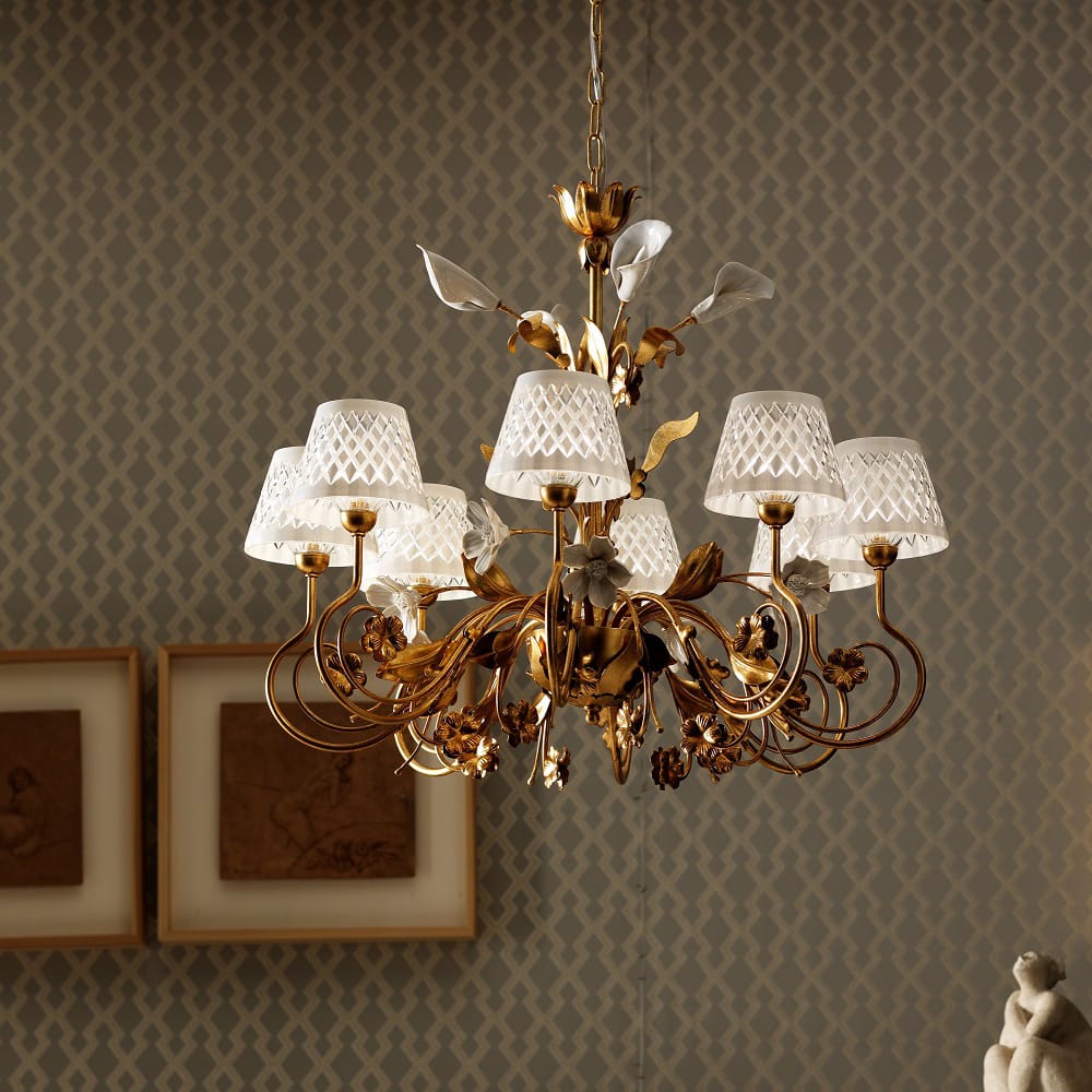 Luxury Gold Leaf Italian Chandelier With Porcelain Flower Detail