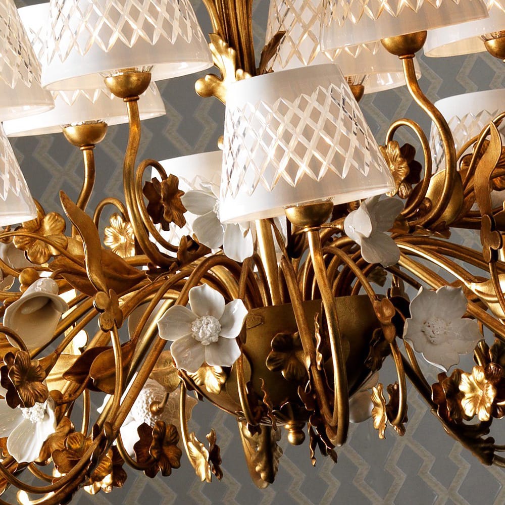 Luxury Gold Leaf Italian Chandelier With Porcelain Flower Detail