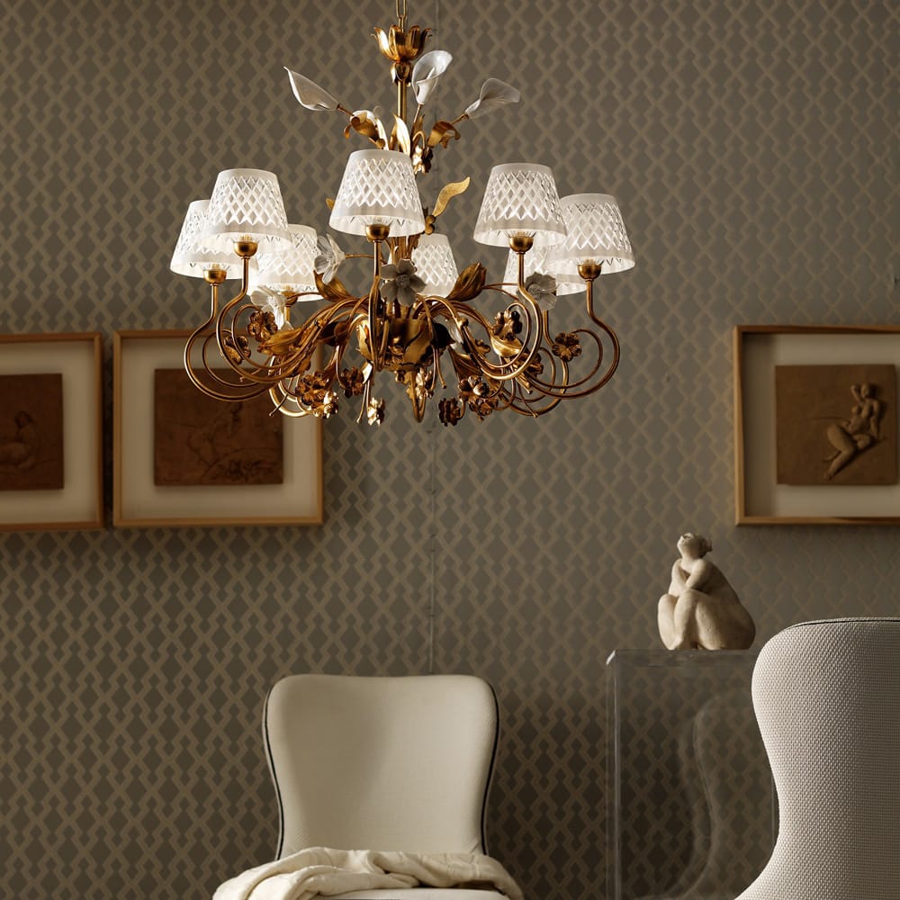 Luxury Gold Leaf Italian Chandelier With Porcelain Flower Detail