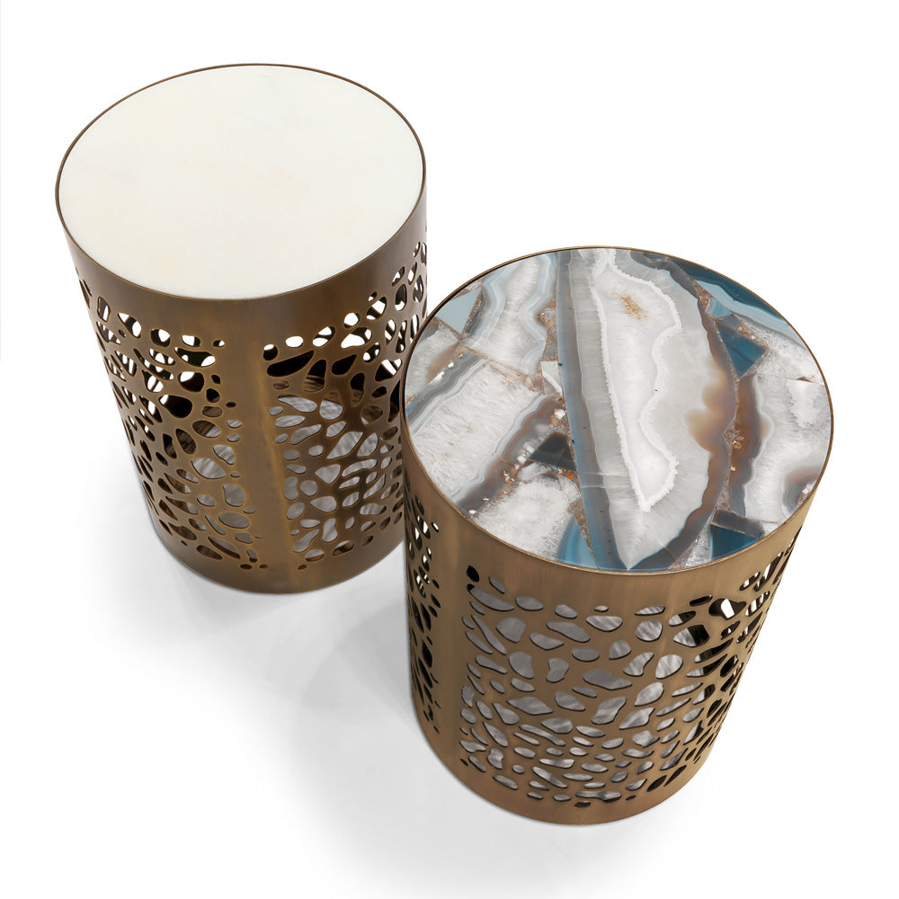 Italian Designer Laser Cut Bronzed Metal Marble Side Table