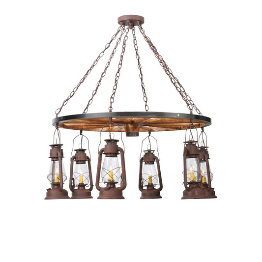 Meyda Lighting Miners Lantern Wagon Wheel 40 Inch 6 Light Chandelier Cp12968