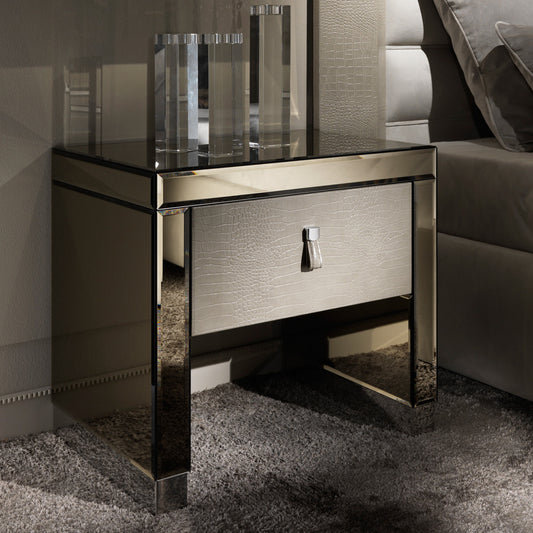 Modern Mirrored Embossed Leather Bedside Table