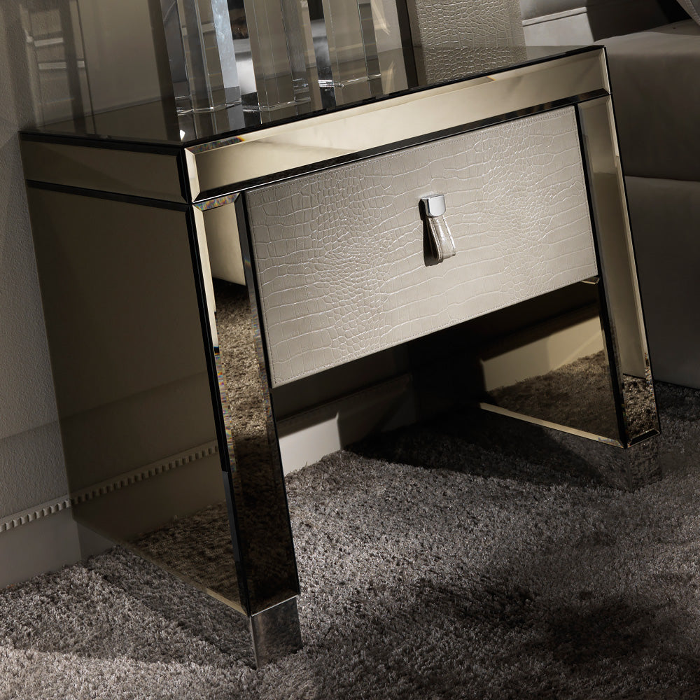 Modern Mirrored Embossed Leather Bedside Table