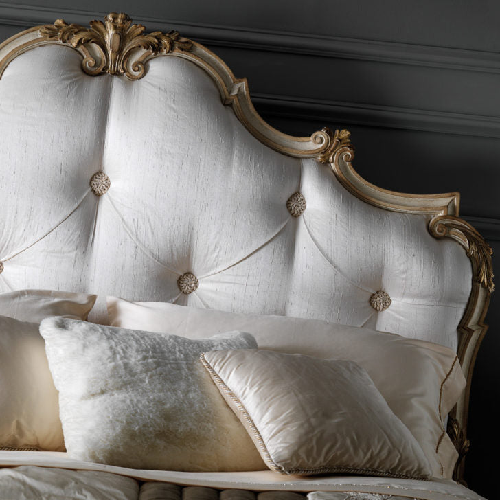 Ornate Carved Designer Italian Silk Button Upholstered Bed